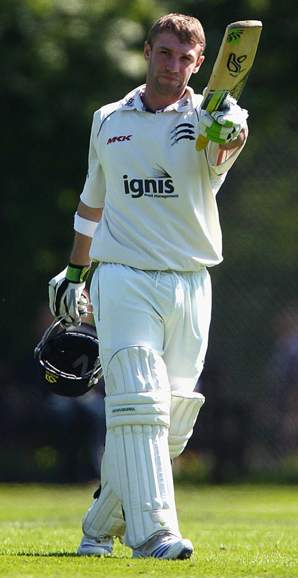 Phillip Hughes raises his bat on reaching his second hundred of the season for Middlesex, Middlesex v Leicestershire, County Championship, Southgate, April 29, 2009