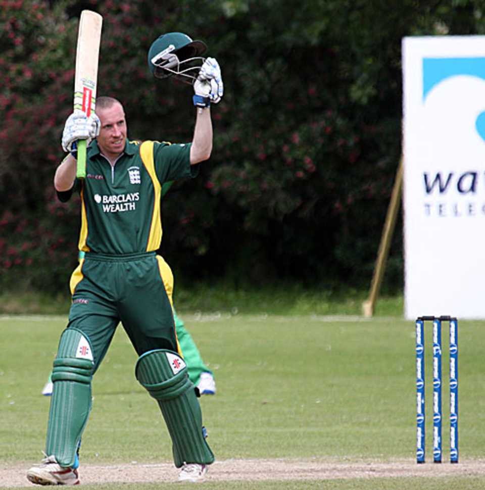 Jeremy Frith celebrates after scoring a century, Guernsey v Suriname, ICC World Cricket League Division Seven, Castel, May 23, 2009