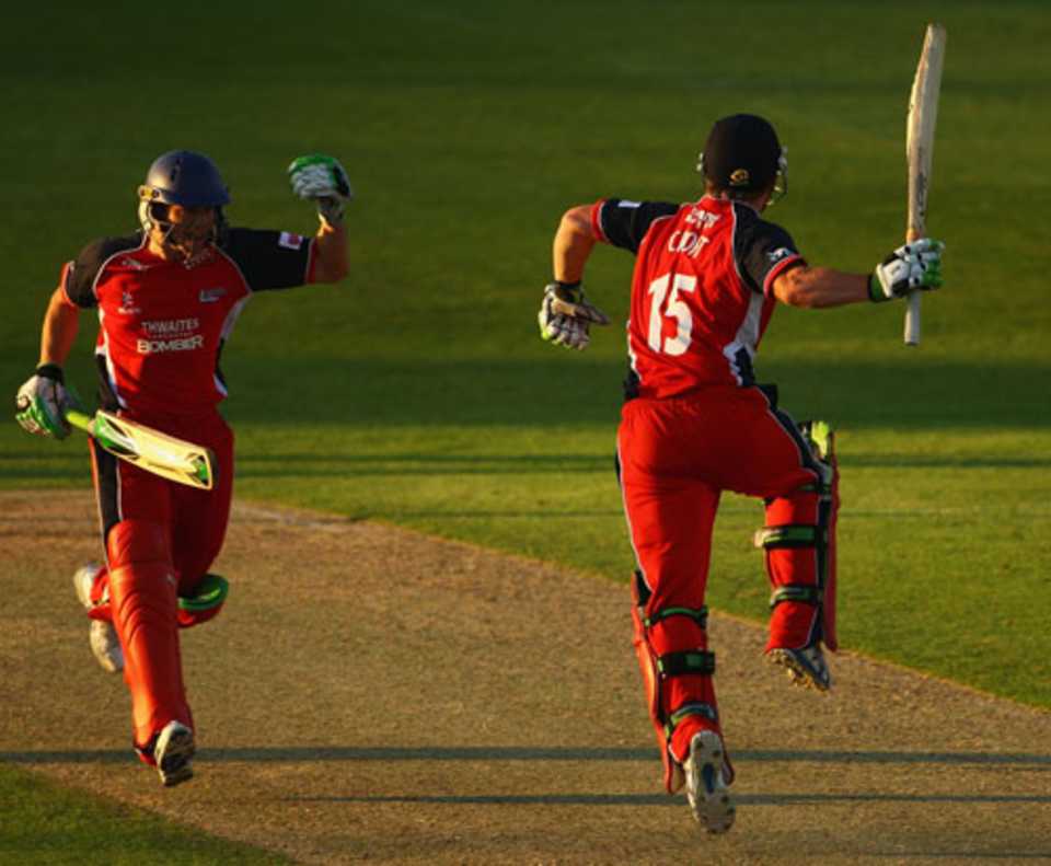 Lancashire's Steven Croft  and Gareth Cross celebrate the winning runs