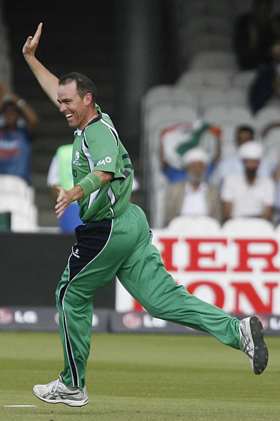 Trent Johnston celebrates the run-out of Ryan ten Doeschate in a thrilling Super Over finish to Ireland's match against Netherlands