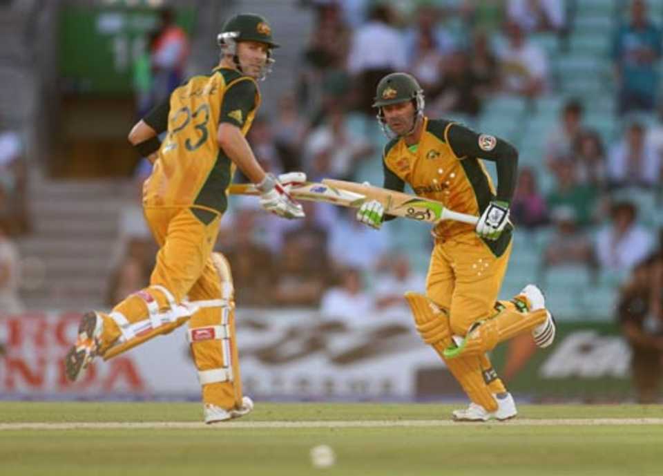 Michael Clarke and Ricky Ponting take off for a run