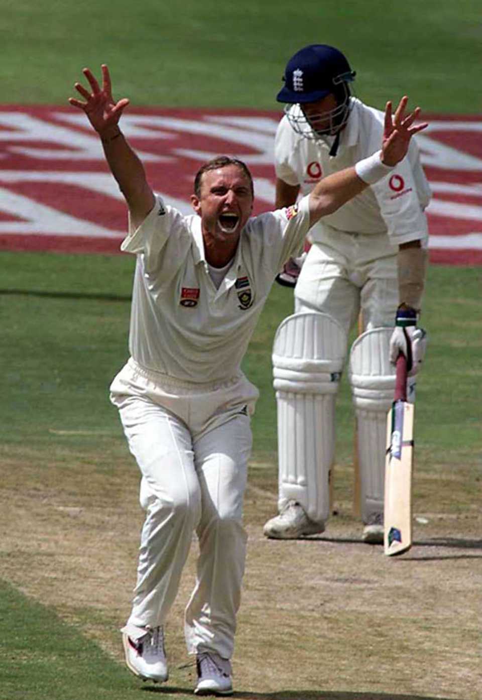 Allan Donald successfully appeals for Michael Vaughan's wicket
