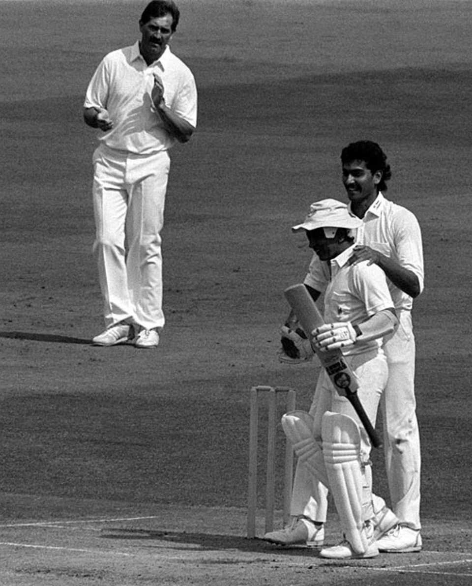 Sunil Gavaskar is congratulated by Ravi Shastri on reaching hundred, MCC v Rest of the World XI, Lord's, 3rd day, August 22, 1987