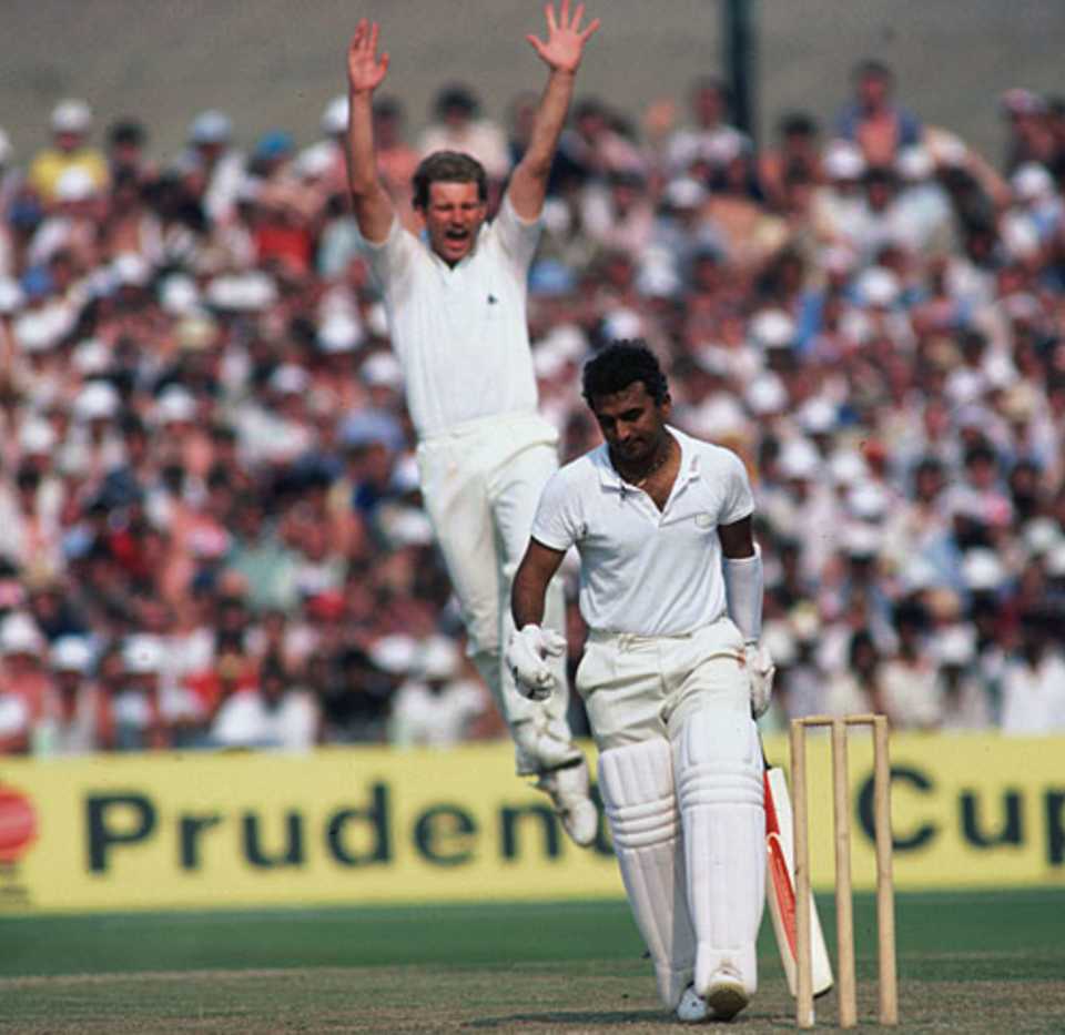 Sunil Gavaskar walks back after being dismissed by Paul Allott for 25, England v India, 1st semi-final, Prudential World Cup, Old Trafford, June 22, 1983
