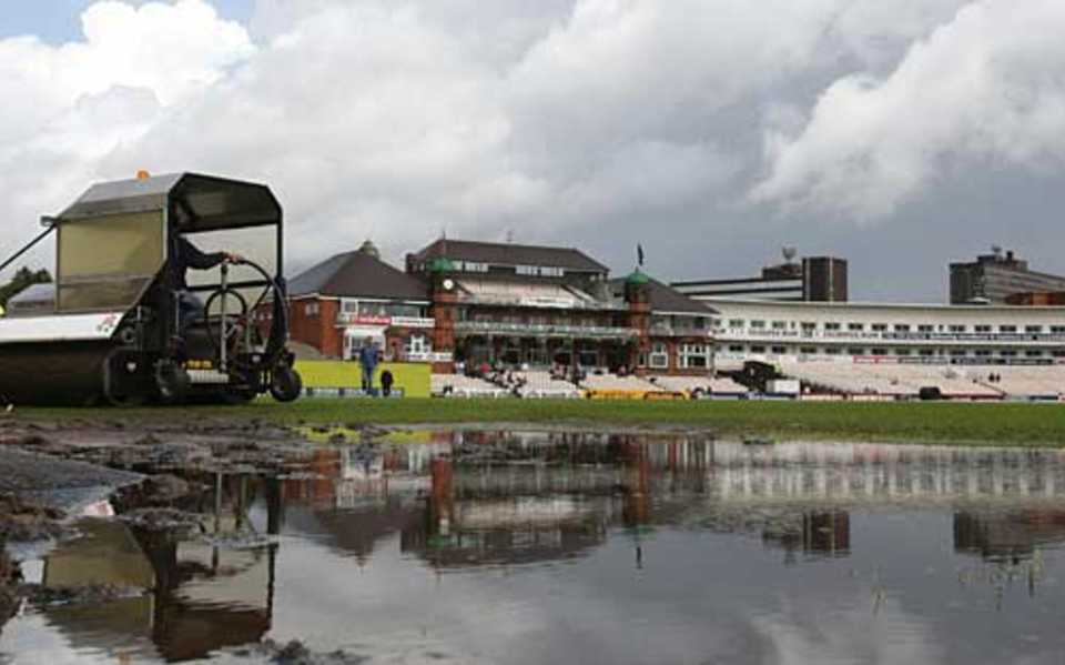 The scene at Old Trafford where rain forced a bowl-out