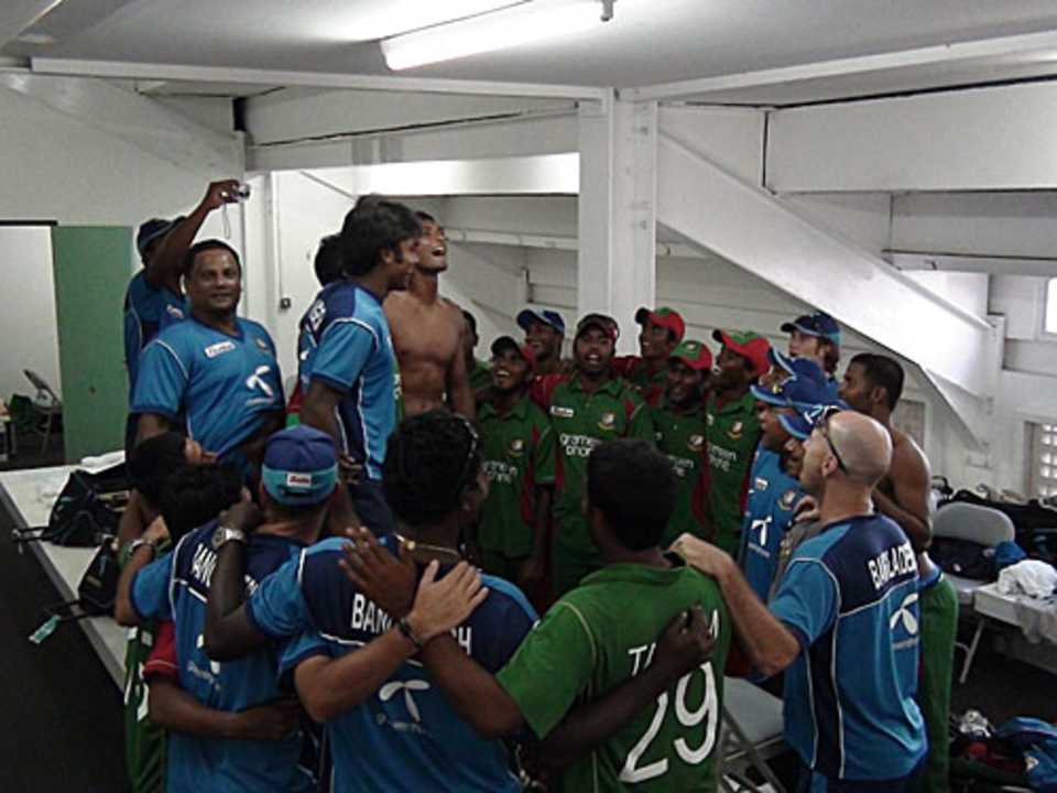 A jubilant Bangladesh team after their historic ODI series win in West Indies