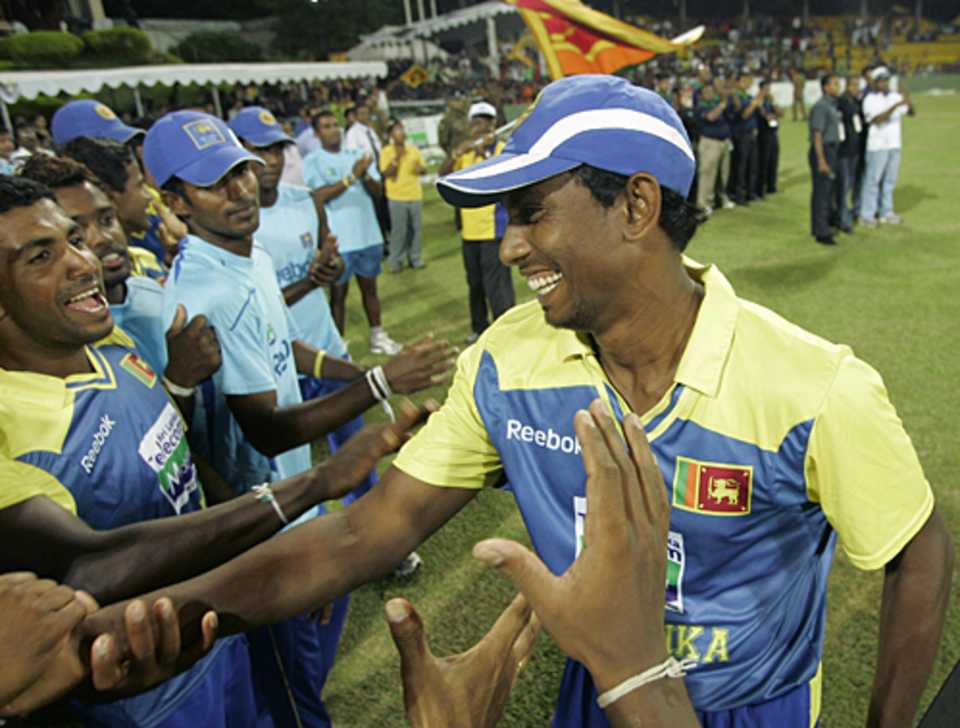 Thilan Thushara gets the handshakes after picking up the Man-of-the-Series award