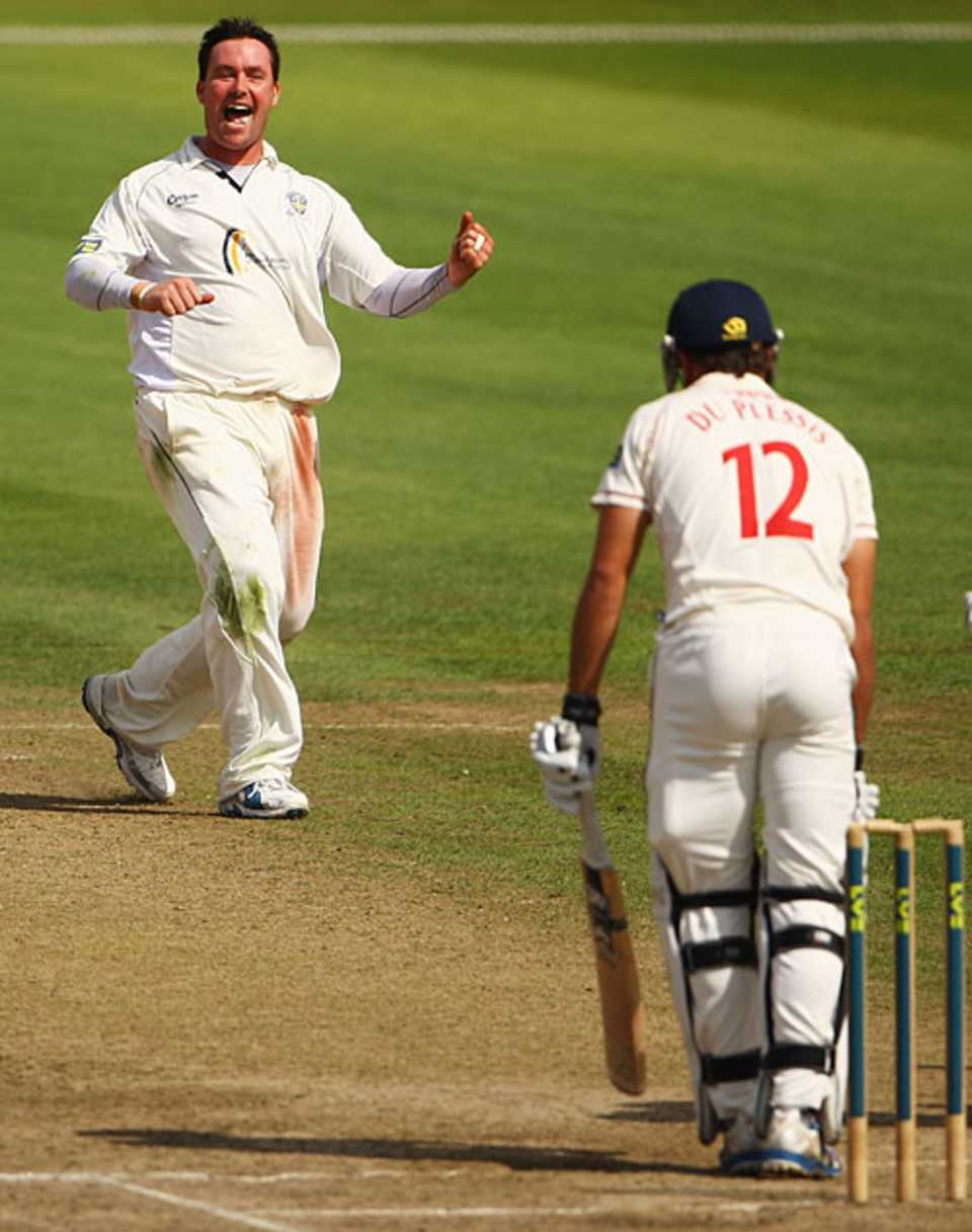Ian Blackwell celebrates the wicket of Faf Du Plessis