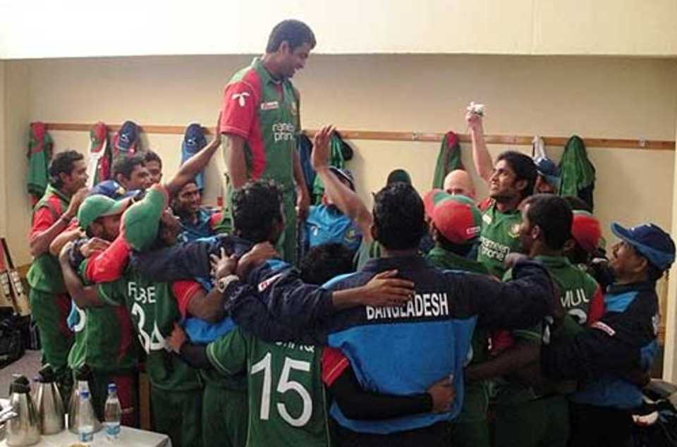 Tamim Iqbal leads the victory chorus in the Bangladesh dressing room