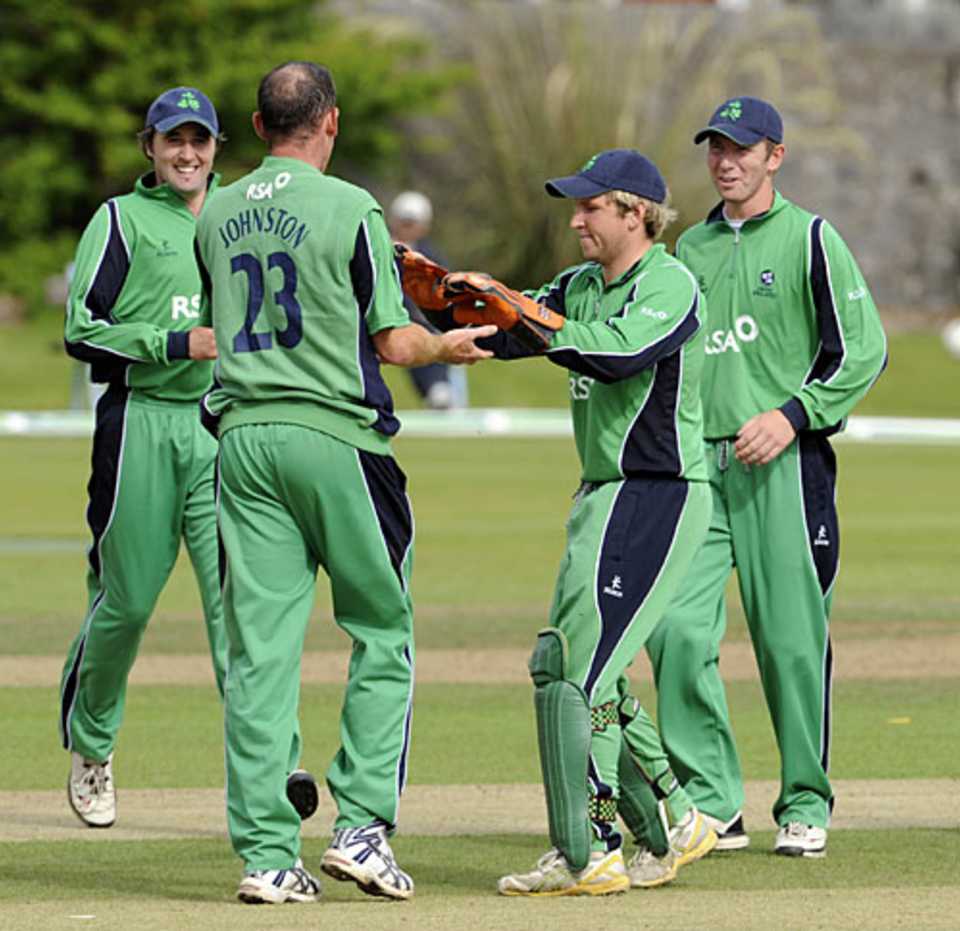 Team-mates congratulate Trent Johnston for the wicket of Fraser Watts, Scotland v Ireland, 1st ODI, Aberdeen, August 22, 2009