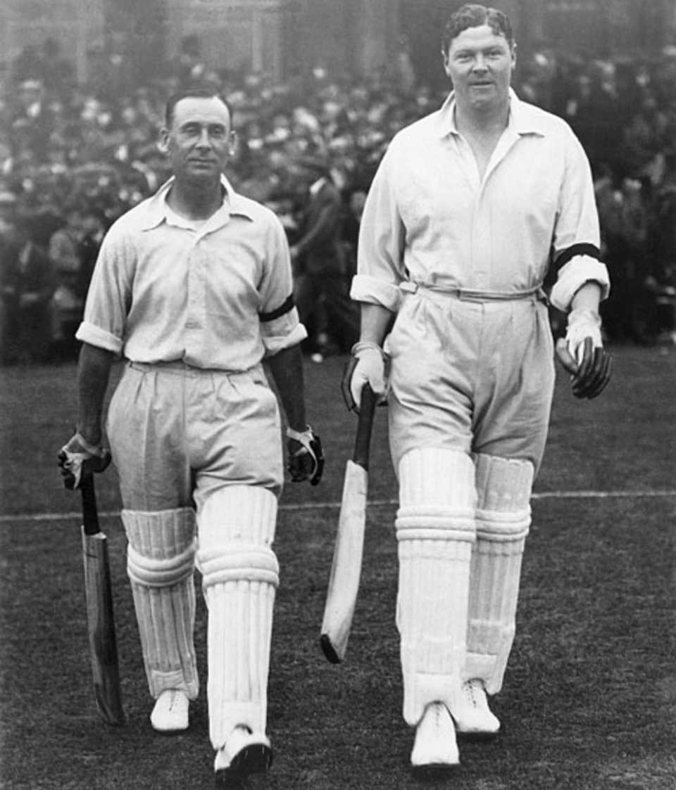 Jack Hobbs and Percy Chapman walk out to bat
