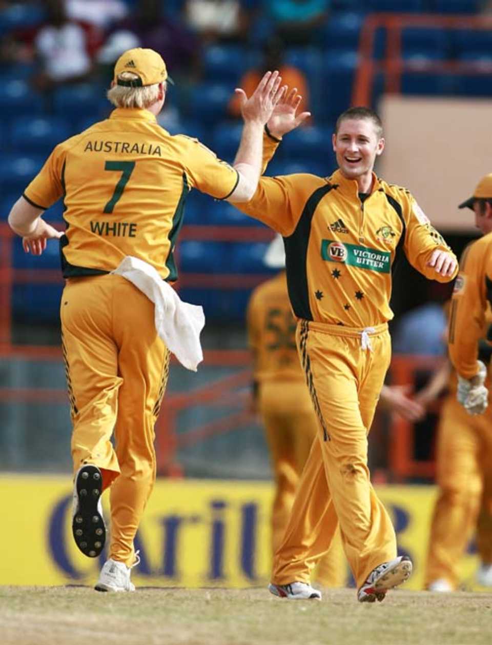 Michael Clarke and Cameron White celebrate a wicket