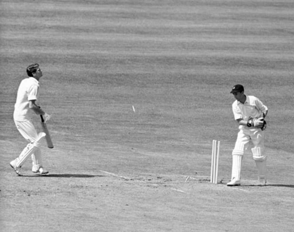 Peter Walker of the MCC is stumped by John Waite, the South African wicketkeeper, off a ball from Hugh Tayfield, 24 May 1960
