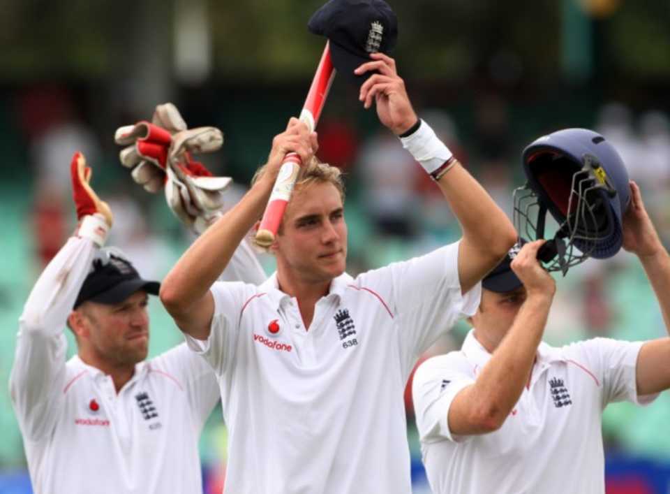 Stuart Broad leads England's celebrations after they secured an innings victory at Kingsmead