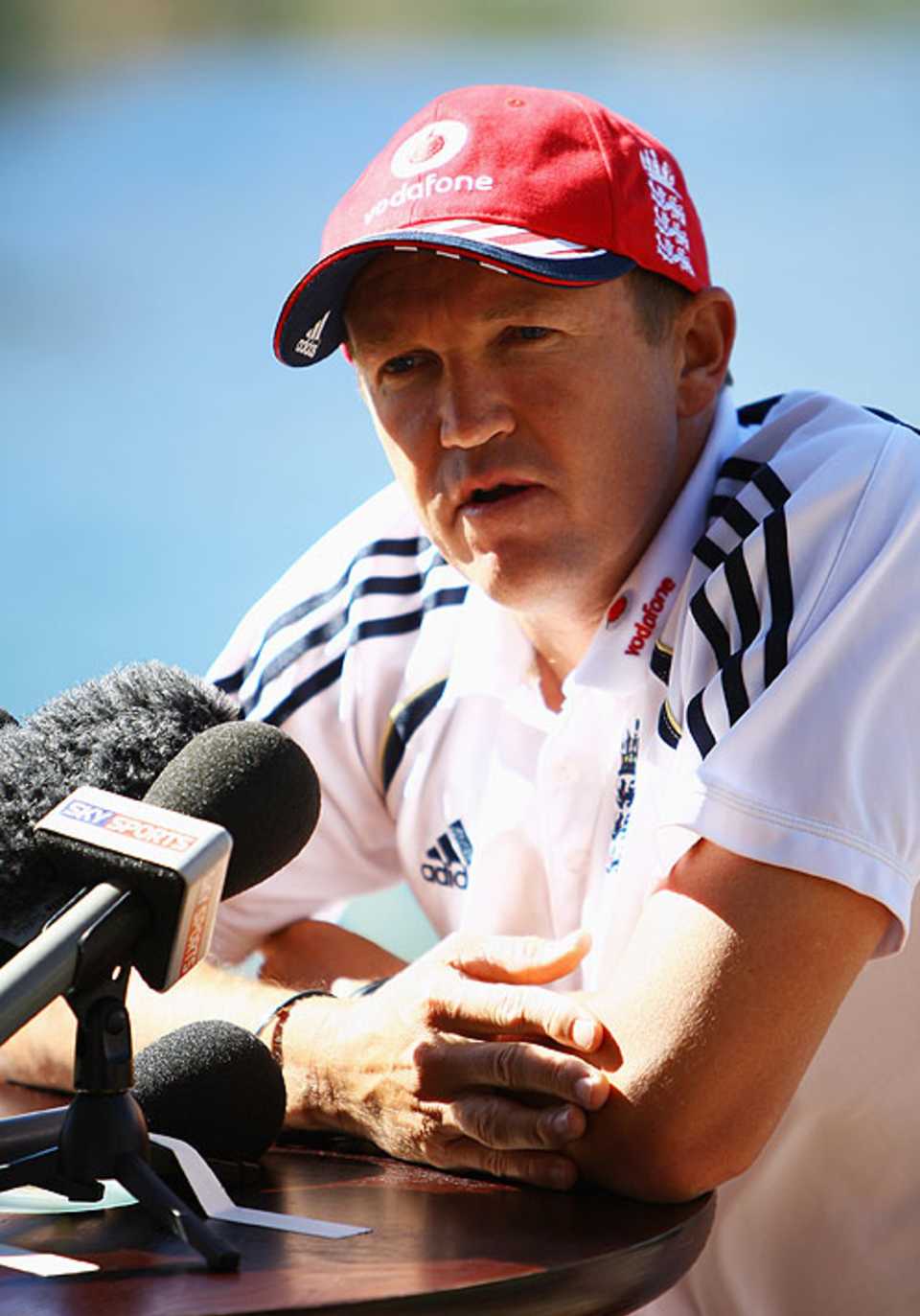 Andy Flower speaks to the media on the morning after England's escape at Newlands, Cape Town, January 8, 2010