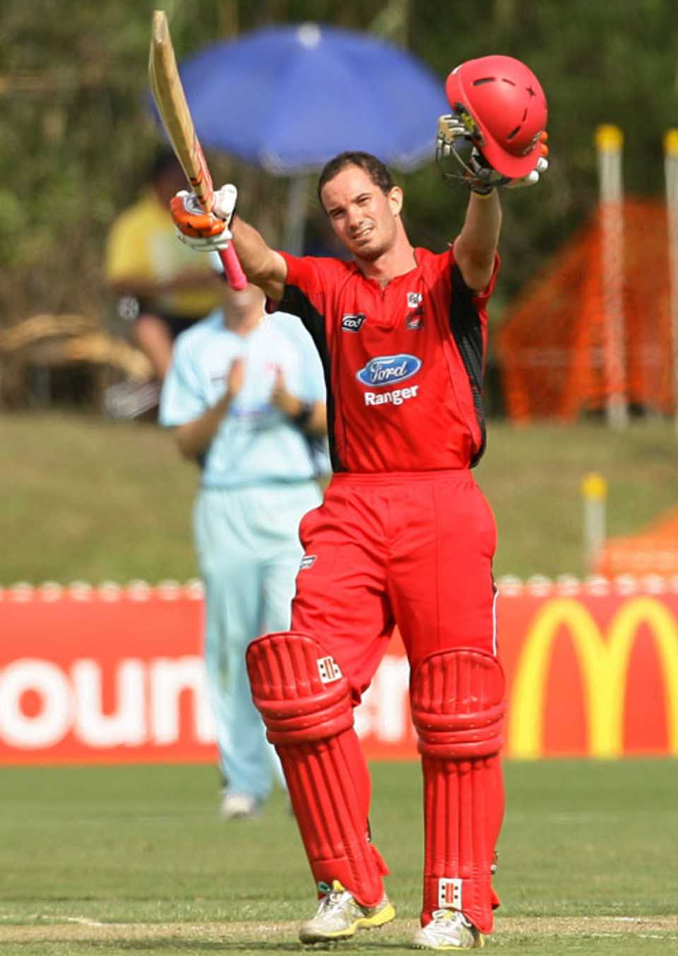 Michael Klinger raises his bat during a match-winning 124, New South Wales v South Australia, FR Cup, Wollongong, January 26, 2010