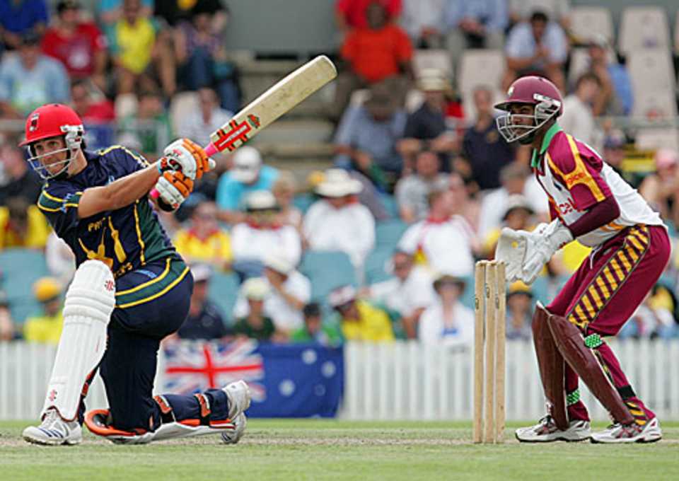 Tom Cooper forces one away during his 160, Prime Minister's XI v West Indians, Canberra, February 4, 2010