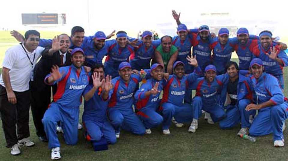 The Afghanistan squad celebrate their victory over Scotland