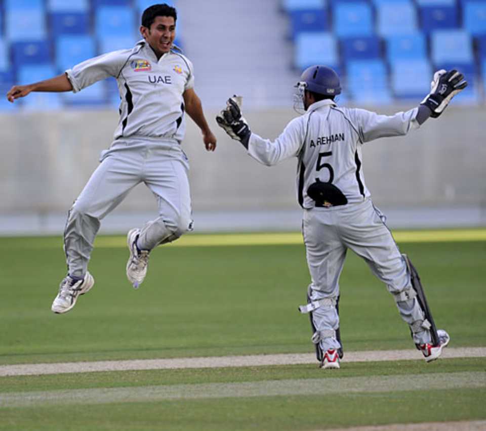 Qasim Zubair jumps for joy on his way to a five-wicket haul