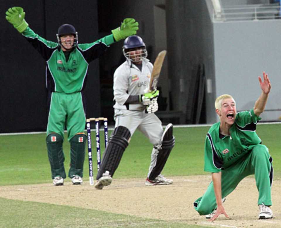 George Dockrell made the crucial breakthrough, trapping Abdul Rehman in front for 20, UAE v Ireland, ICC World Twenty20 Qualifiers, Dubai, February 12, 2010