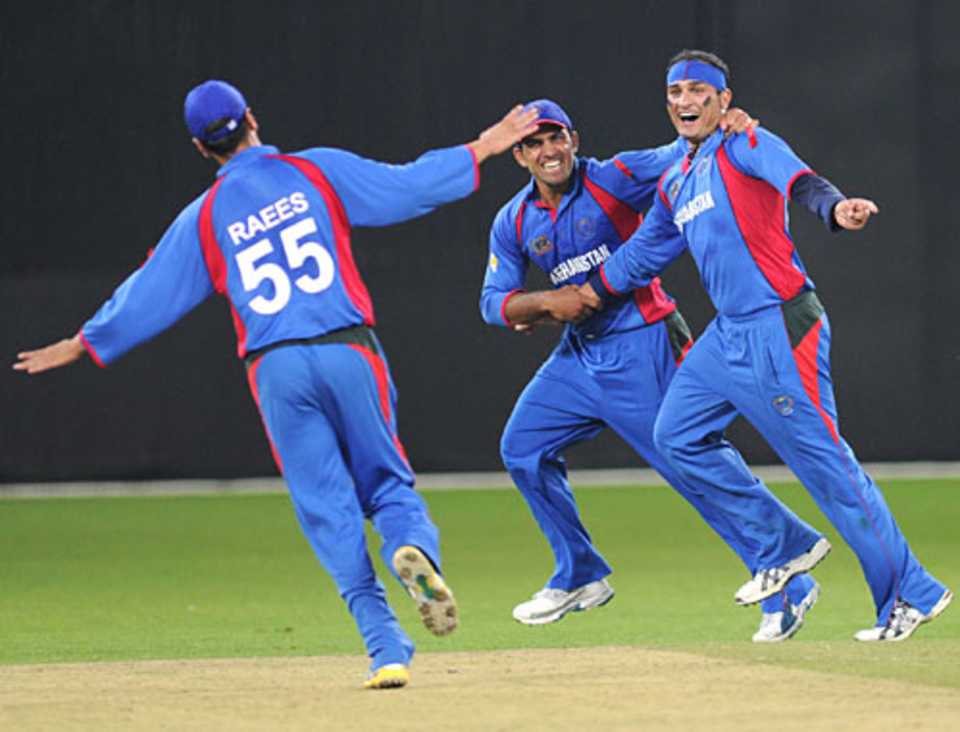 Hamid Hassan celebrates another wicket as Afghanistan marched through to the World Twenty20 in style, ICC World Twenty20 Qualifier, Super Four, Dubai, February 13, 2010