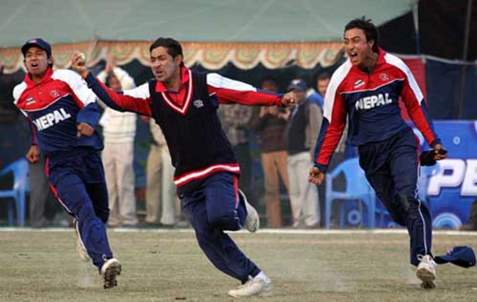 Nepal's players celebrate their victory over Singapore