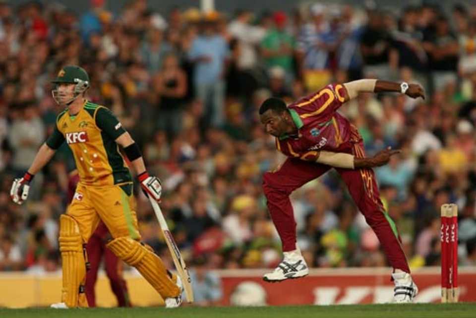 Kieron Pollard sends down a delivery, Australia v West Indies, 1st Twenty20, Hobart, February 21, 2010