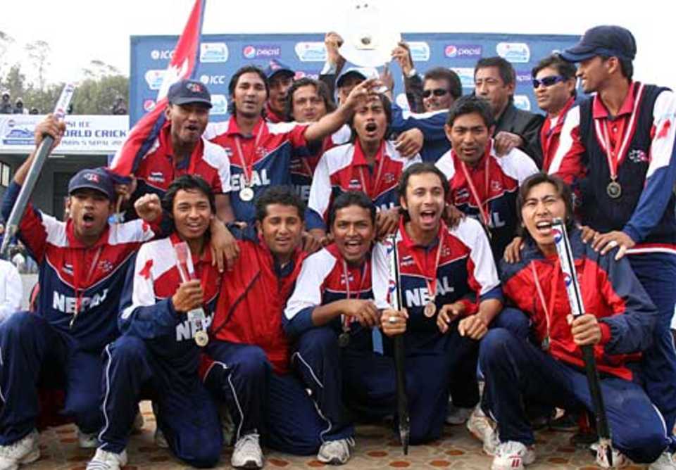 Nepal celebrate claiming the World Cricket League Division 5 title