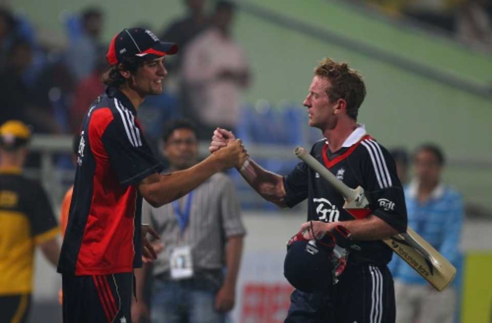 Alastair Cook congratulates Paul Collingwood on a job well done
