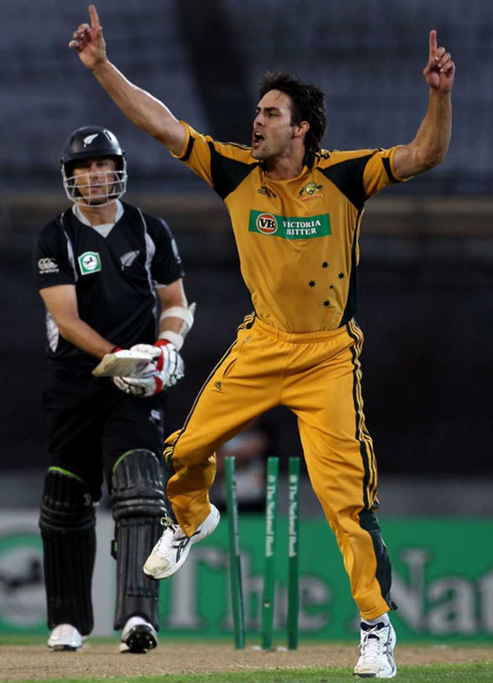 Mitchell Johnson is excited after bowling Shane Bond