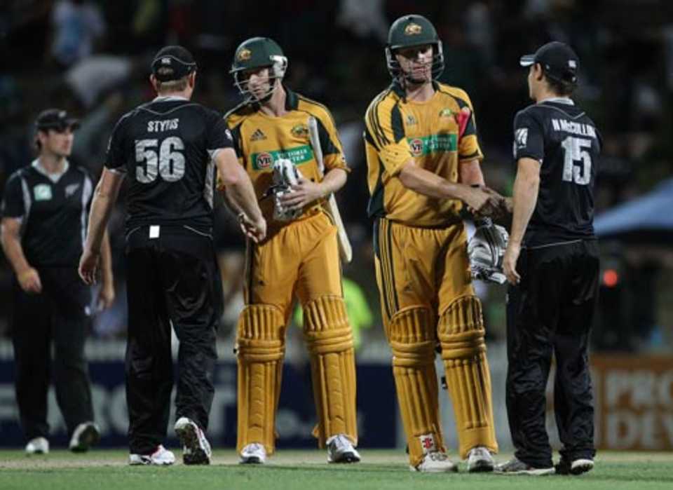 Adam Voges and Cameron White shake hands after guiding Australia to victory, New Zealand v Australia, 3rd ODI, Hamilton, March 9, 2010