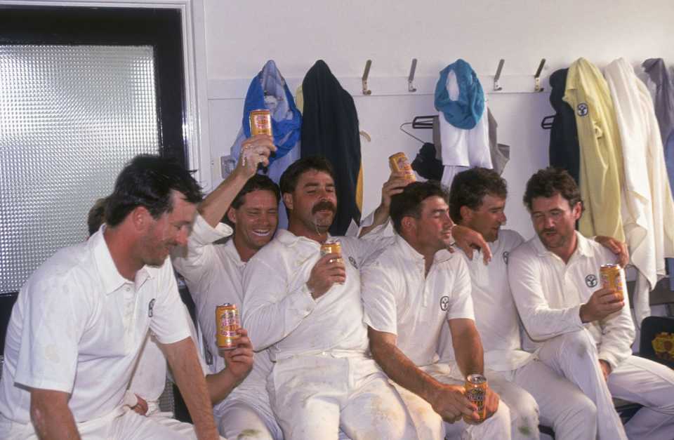 The Australian team (from left: Steve Waugh, Dean Jones, David Boon, Geoff Marsh, mark Taylor and Allan Border) celebrates the first Test win, England v Australia, 1st Test, Headingley, 5th day, June 13, 1989