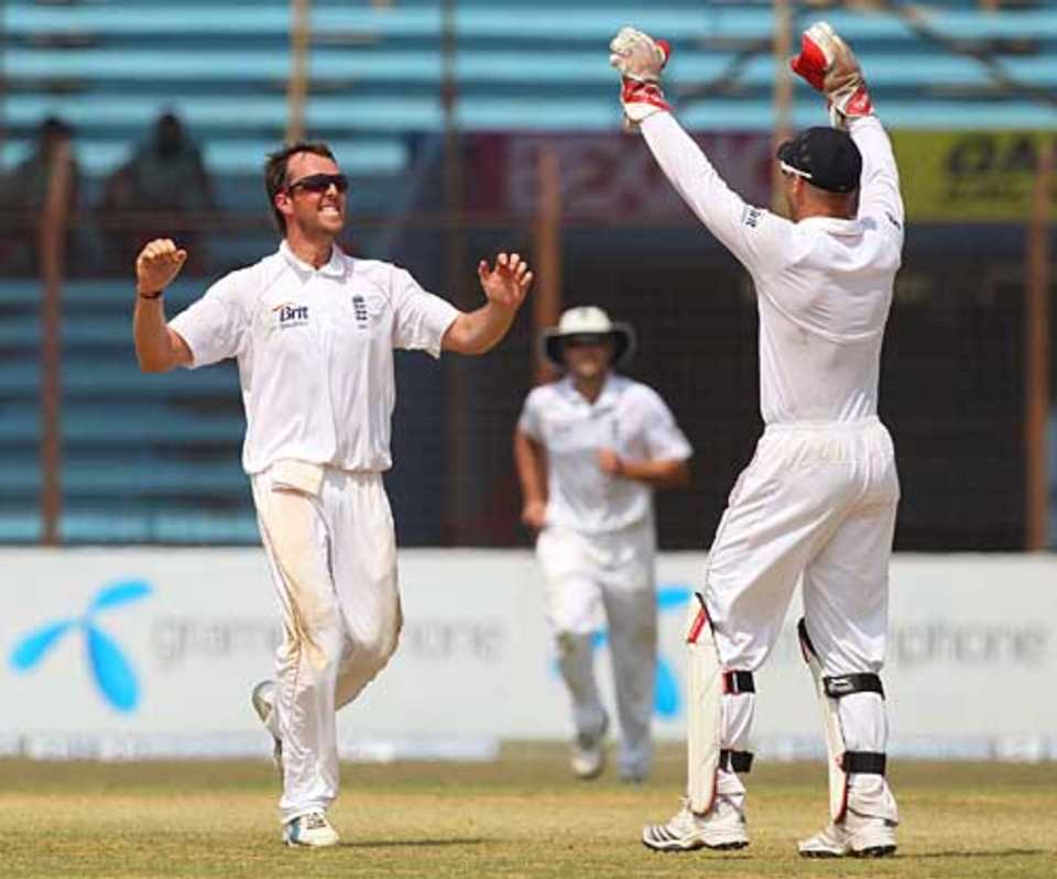 Graeme Swann celebrates another wicket with Matt Prior, Bangladesh v England, 1st Test, Chittagong, March 16, 2010
