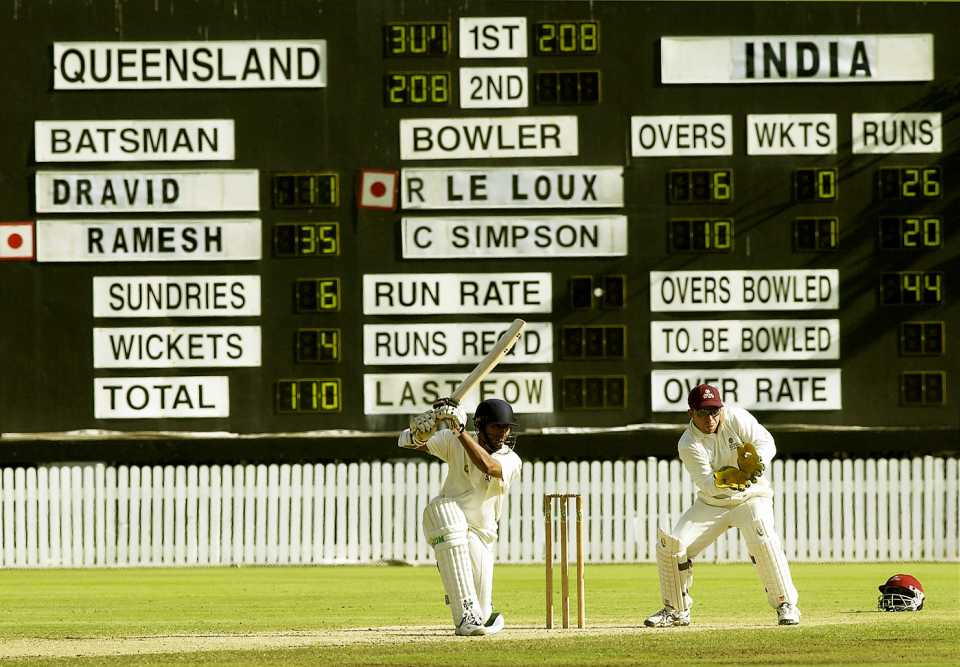 S Ramesh drives through the covers, Queensland Academy of Sport v Indians, 3rd day, December 1, 2003