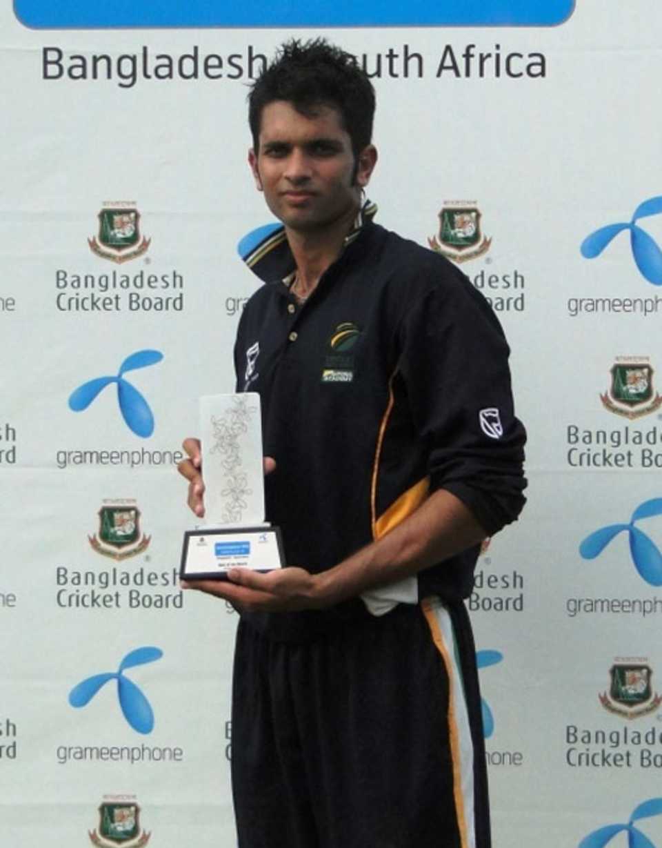 Keshav Maharaj poses with his richly-deserved Man-of-the-Match award