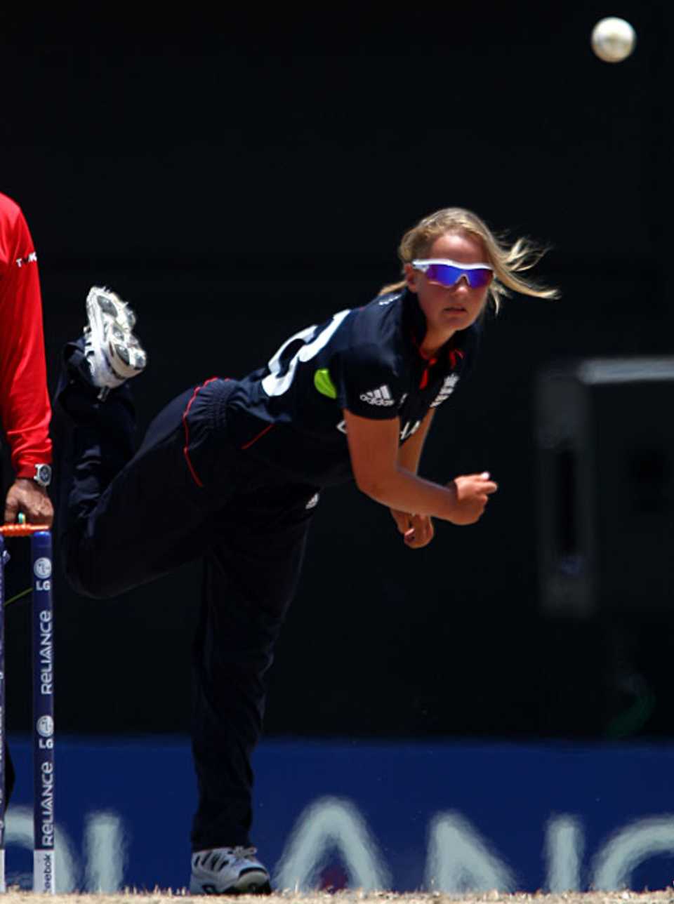 Danielle Wyatt bowls during her spell of 4 for 11 against South Africa