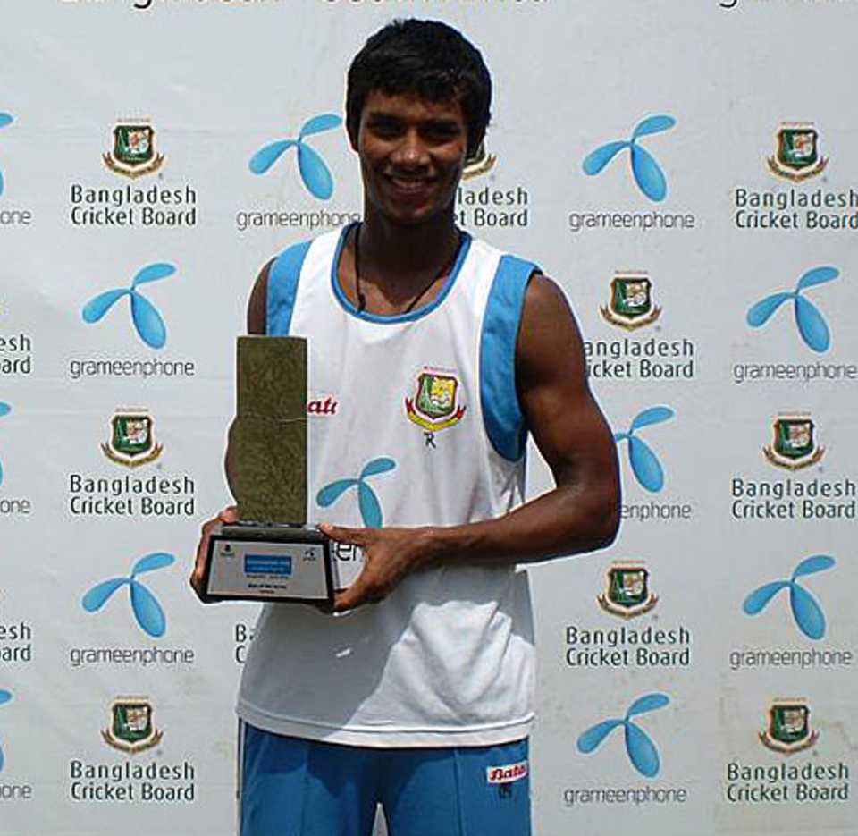 Sabbir Rahman poses with the Man-of-the-Series trophy