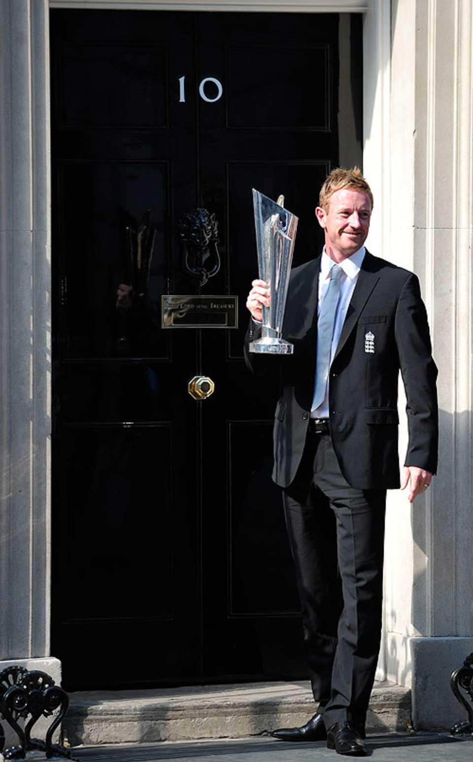 Paul Collingwood poses with the World Twenty20 trophy outside No. 10 Downing Street