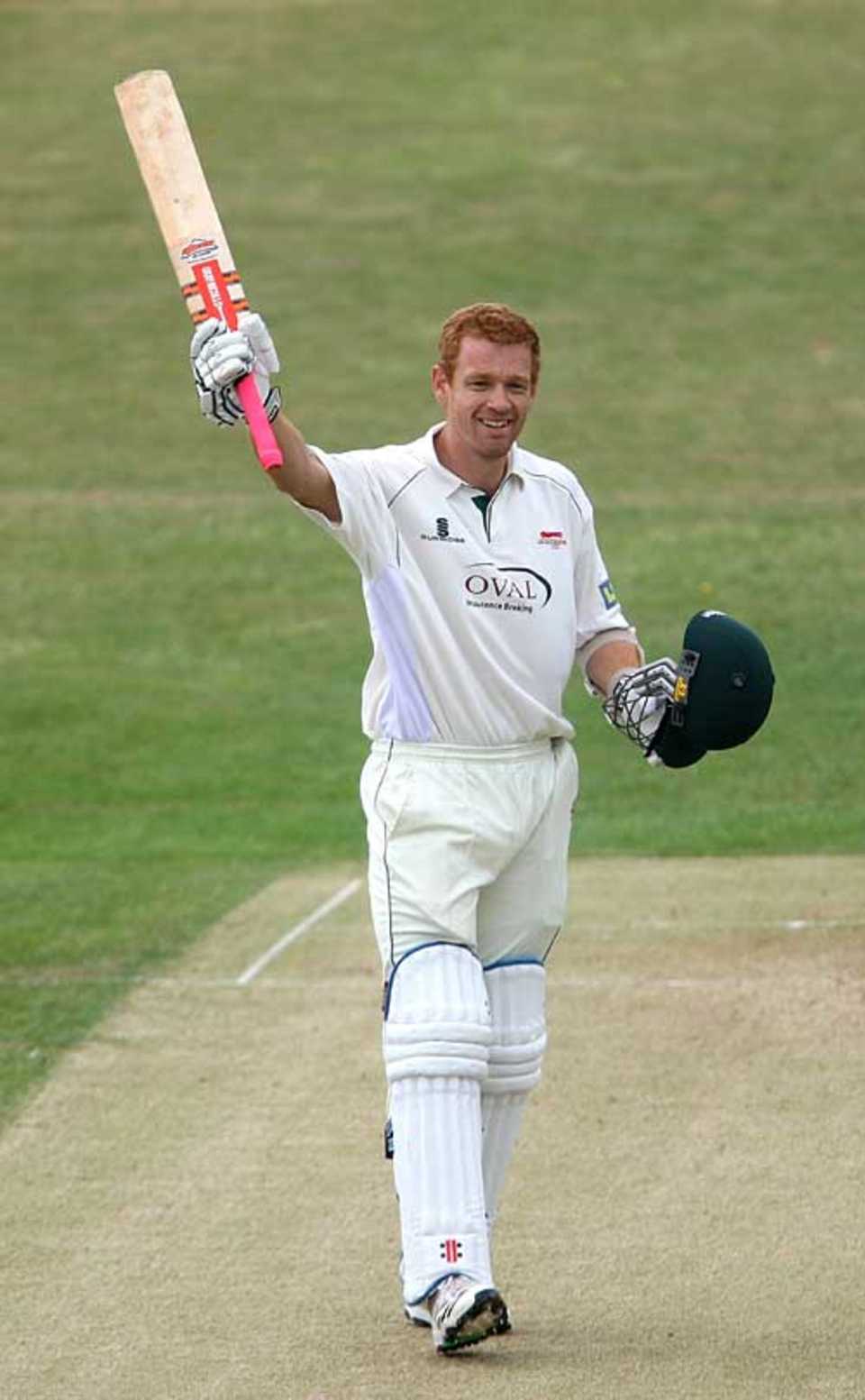 Andrew McDonald celebrates his first hundred for Leicestershire