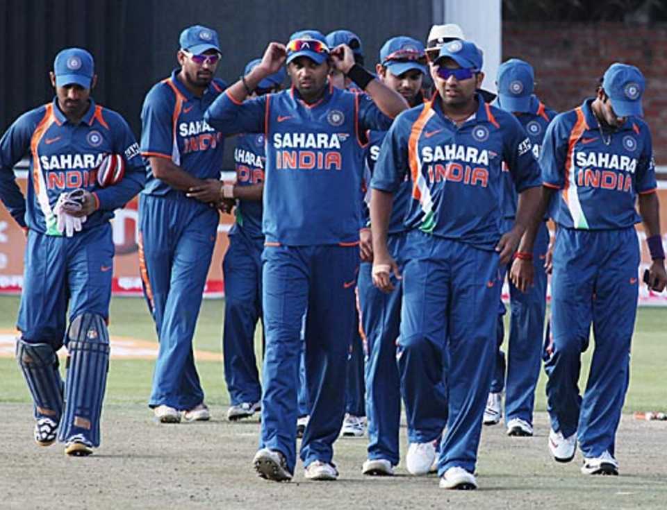 The Indian team after its six-wicket defeat at the hands of Zimbabwe, Zimbabwe v India, Tri-series, 1st ODI, Bulawayo, May 28, 2010