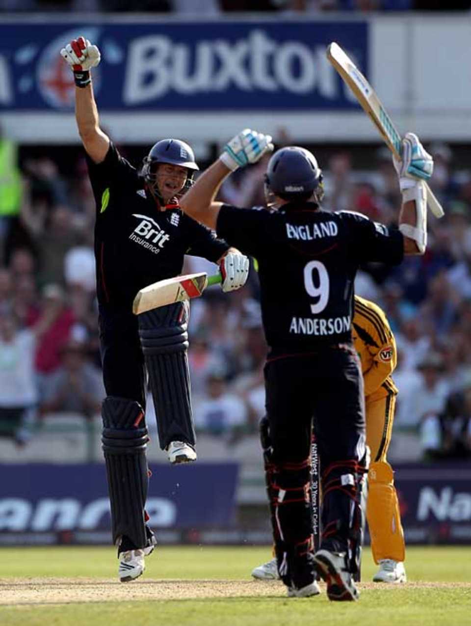 Tim Bresnan and James Anderson jump for joy after completing victory, England v Australia, 3rd ODI, Old Trafford, June 27, 2010