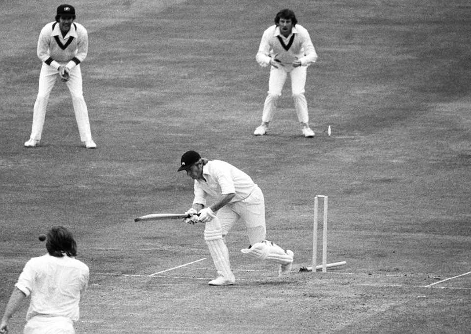 Opener Barry Wood is bowled by Gary Gilmour
