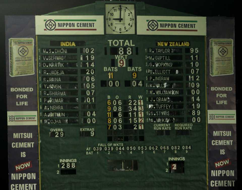 The scoreboard depicts India's tale of misery, India v New Zealand, tri-series, 1st ODI, August 10, 2010

