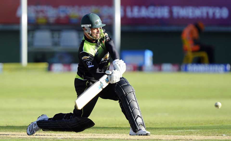 Mark Boucher shapes up to play a slog sweep