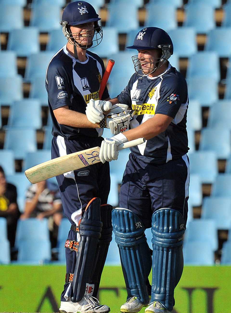 Aaron Finch and Andrew McDonald celebrate victory