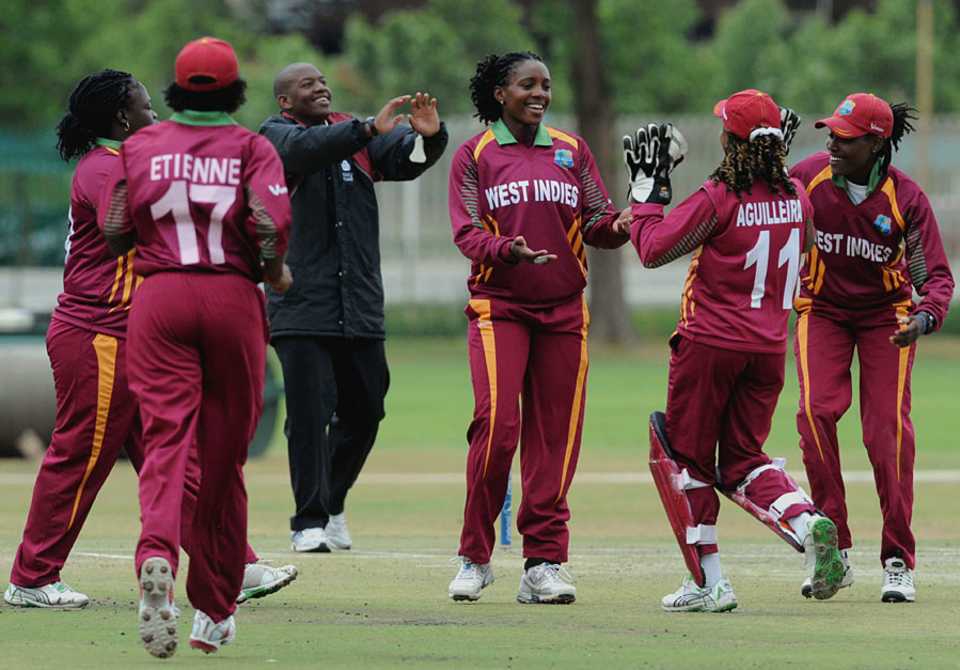 West Indies celebrate on their way to victory against South Africa
