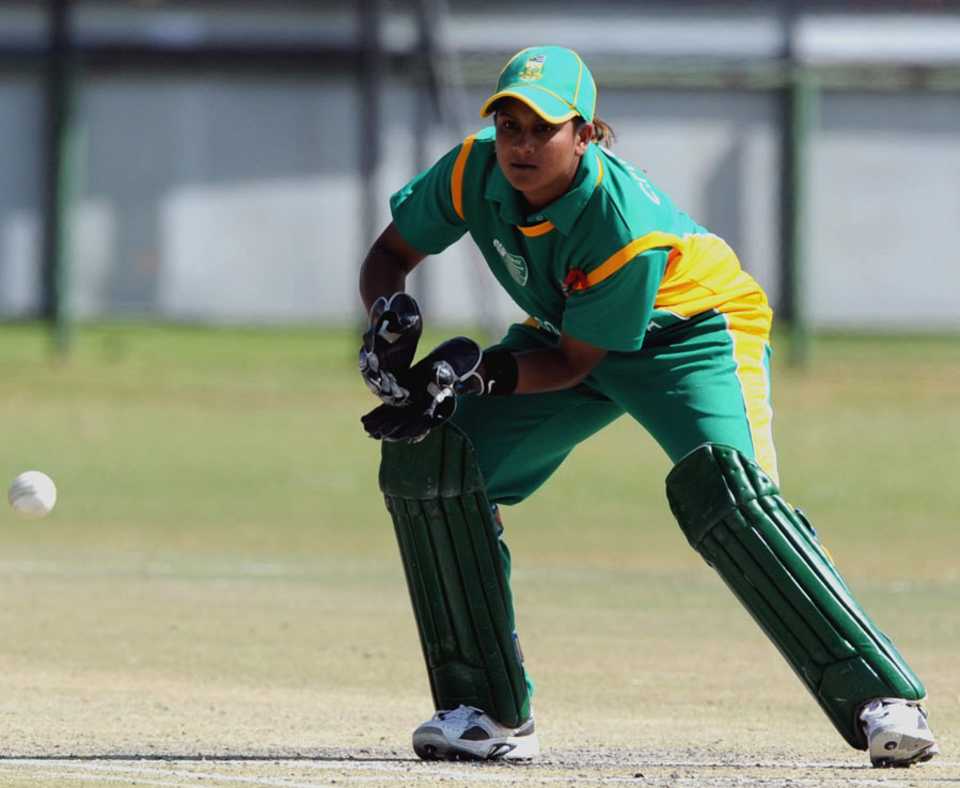 South African wicketkeeper Trisha Chetty collects the ball