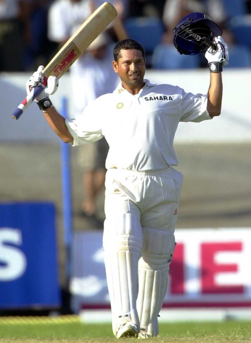 Sachin Tendulkar celebrates his first century in the West Indies, West Indies v India, 2nd Test, Trinidad, April 19-23, 2002