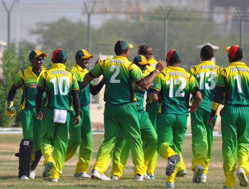 Vanuatu celebrate another wicket as Germany are bowled out for 185