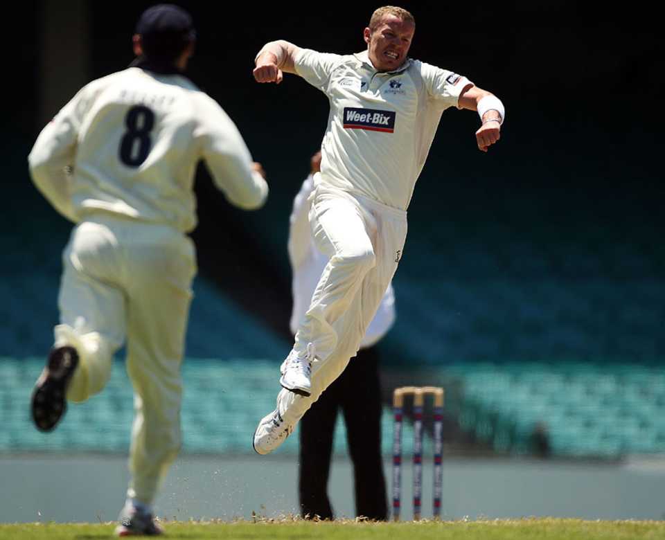 Peter Siddle jumps for joy after removing Usman Khawaja, New South Wales v Victoria, Sydney, 4th day, November 13, 2010